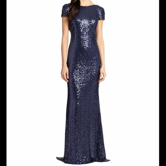 Badgley Mischka Navy Cap-Sleeve Sequin Drape Back Gown - Picture 2 of 11